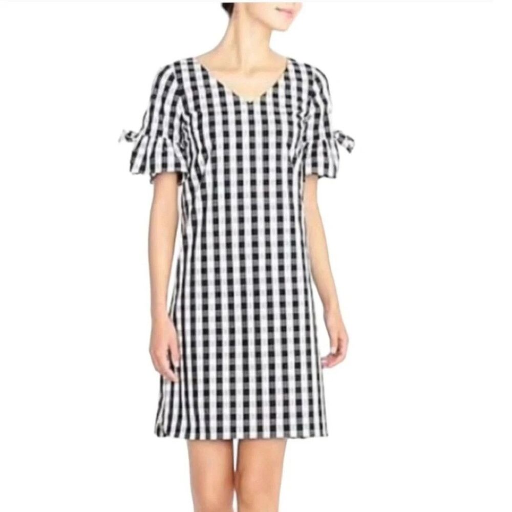J Crew Tie Sleeve Dress Black White Gingham Size XXL V-Neck Ruffle NEW